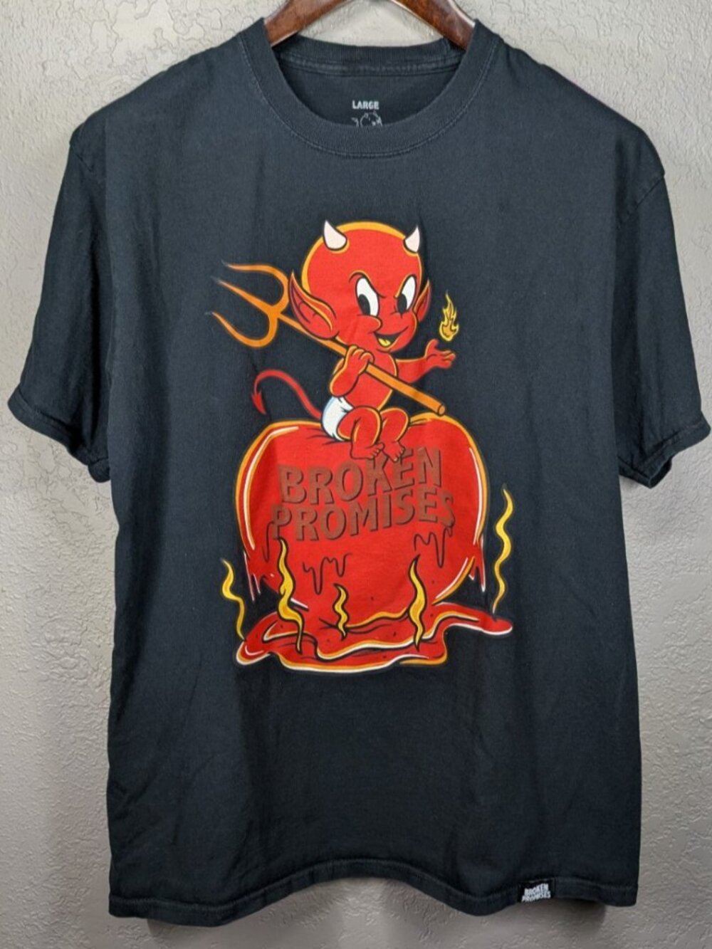 Broken Promises Hot Stuff Devil Men's L T-Shirt Double Sided Devil Graphic Tee